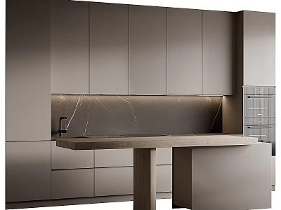 Modern Gray Matte Kitchen Cabinets With Marble Island Countertop And Lighting 3d model