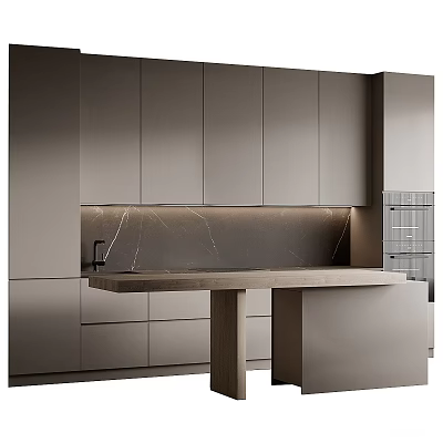 Modern Gray Matte Kitchen Cabinets With Marble Island Countertop And Lighting 3d model