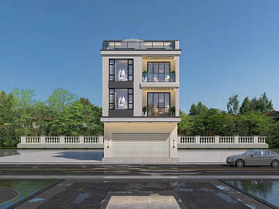 Modern Three Story Single Family House With Garage Greenery Water Feature And Car Front 3d model