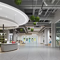 Modern Mall Lobby Interior With Wooden Ceiling And Potted Plants