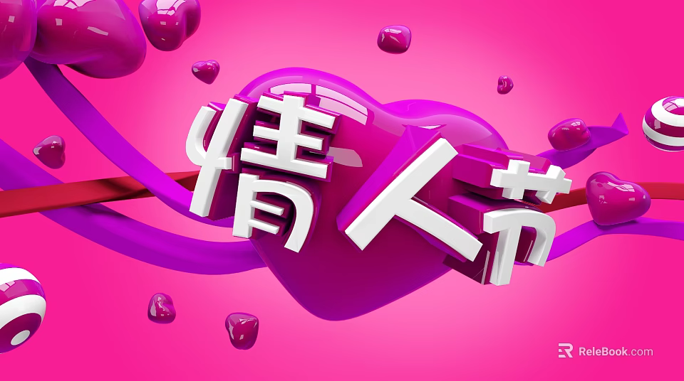 Valentine's Day Theme With Purple Heart Shape And Pink Background Decorations 3d model 