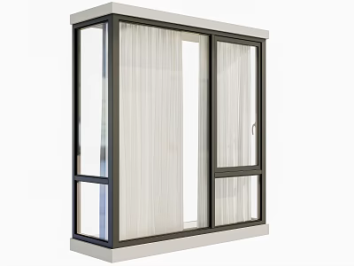 Modern Bay Window Design With Glass Panels Black Frame And White Curtains 3d model