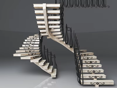 Modern Spiral Staircase With Light Stone Steps And Black Wrought Iron Decorative Railings 3d model