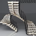Modern Spiral Staircase With Light Stone Steps And Black Wrought Iron Decorative Railings
