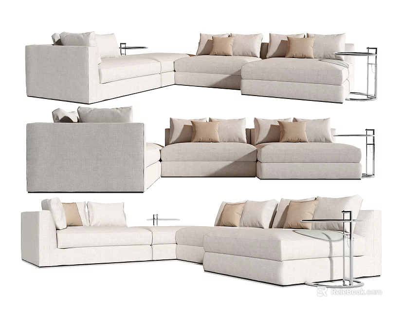 Modern Light Colored Fabric Sectional Sofa With Multiple Cushions And Metal Frame Side Table 3d model