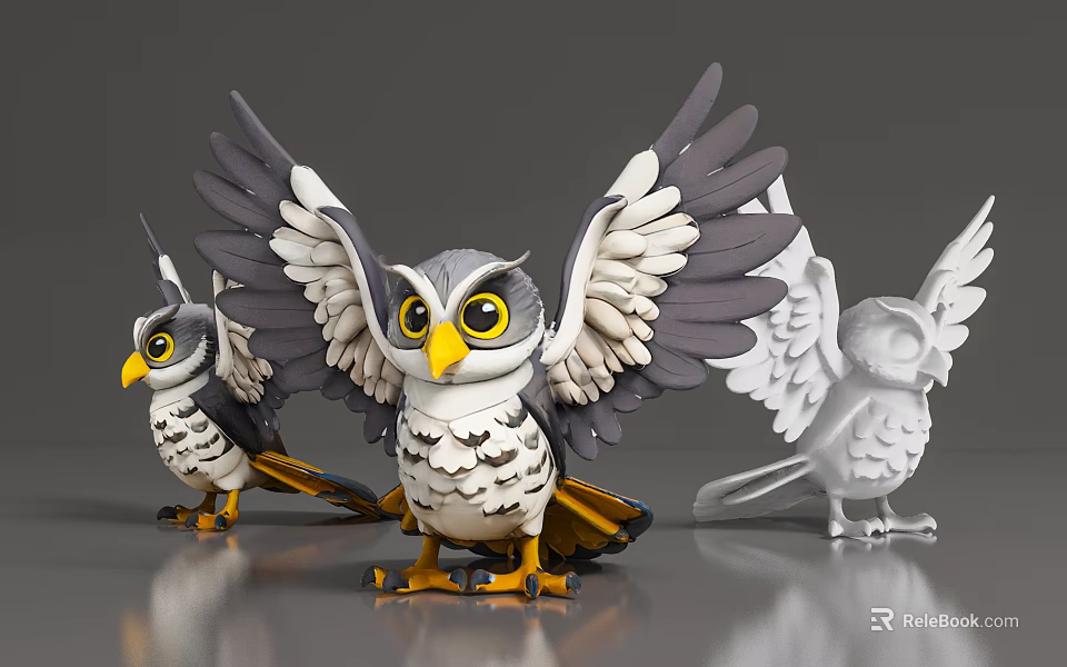 Flying Animal Owl Models With Spread Wings Gray White Feathers And Yellow Eyes 3d model 