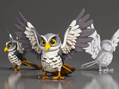Flying Animal Owl Models With Spread Wings Gray White Feathers And Yellow Eyes 3d model