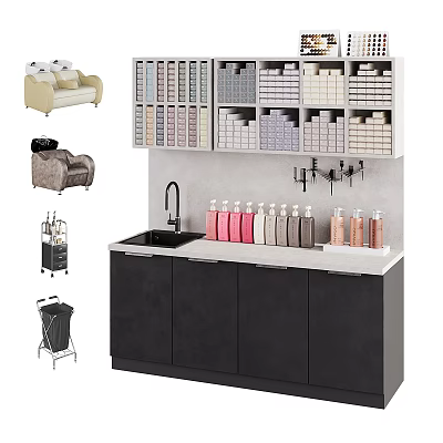 Modern Bathroom Accessories Setup With Vanity Sink Faucet Storage Cabinets And Toiletries 3d model