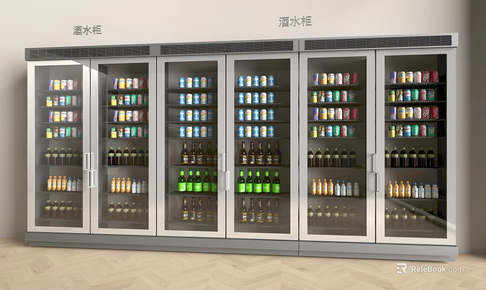Modern Glass Door Beverage Refrigerator With Organized Bottled Drinks Storage 3d model 
