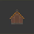Cartoon Scene Featuring Cute Wooden Cottage With Orange Thatched Roof Stone Base And Wooden Stairs