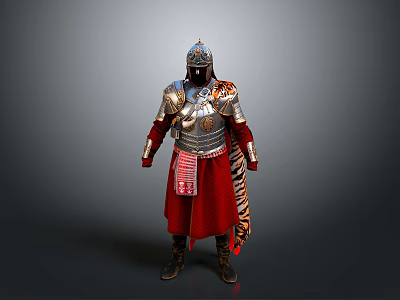 Ancient Armor Decorative Ornament With Silver Golden Red Cape And Tiger Skin Accents 3d model