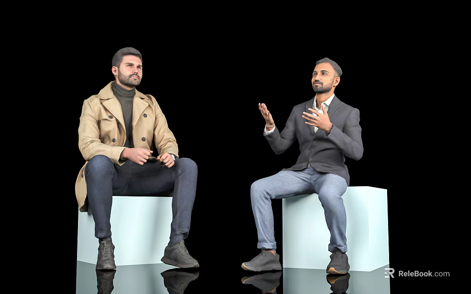 Two men in trench coat and blazer sitting on white cubes gesturing against black background 3d model 