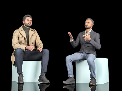 Two men in trench coat and blazer sitting on white cubes gesturing against black background 3d model