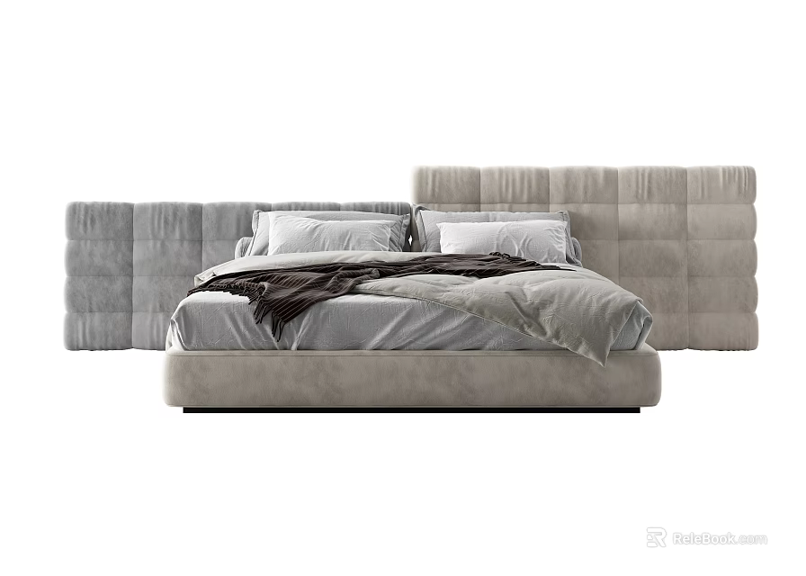 Modern Double Bed With Tufted Headboard Gray Bedding And Soft Pillows 3d model
