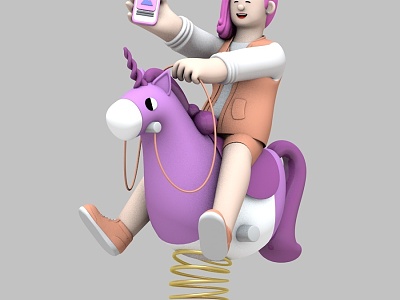 Riding a toy horse cartoon scene animation scene model