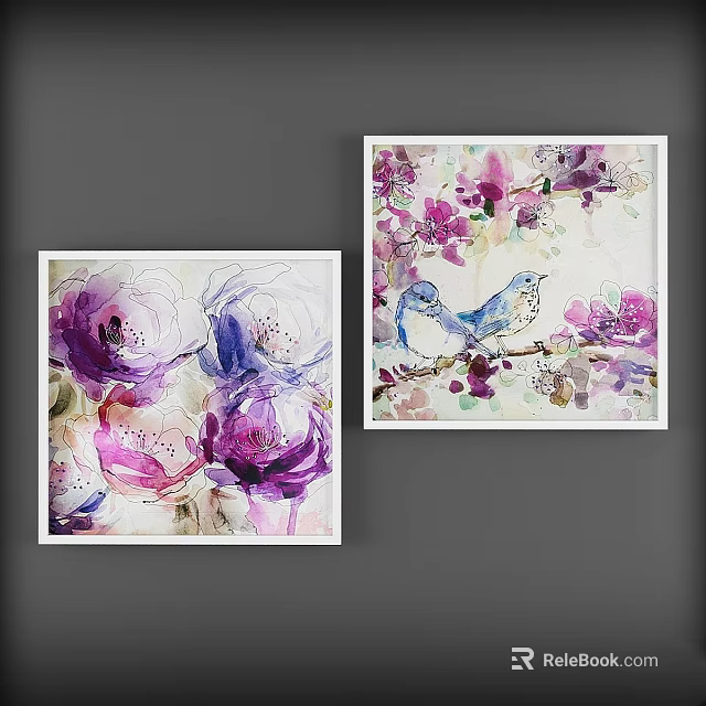 Vibrant Purple Pink Watercolor Floral And Bird Decorative Paintings On Gray Wall 3d model 