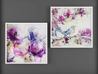 Vibrant Purple Pink Watercolor Floral And Bird Decorative Paintings On Gray Wall 3d model