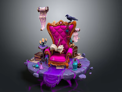 Ornate Enchanted Purple Armchair With Raven Open Book Scrolls And Floating Platform 3d model