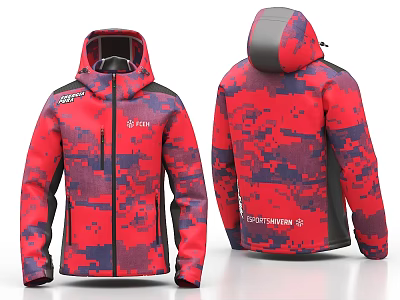 Red And Blue Camouflage Hooded Jacket With Gray Accents Front Zip And Brand Logo 3d model