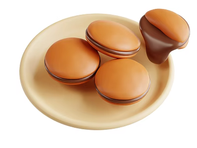 Four Round Brown Sandwich Cookies with Dark Filling on Light Colored Plate 3d model