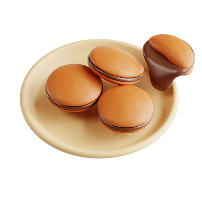 Four Round Brown Sandwich Cookies with Dark Filling on Light Colored Plate 3d model