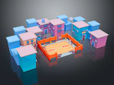 Colorful Cartoon Neighborhood Scene With Various Colored Houses And Basketball Court 3d model