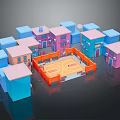 Colorful Cartoon Neighborhood Scene With Various Colored Houses And Basketball Court