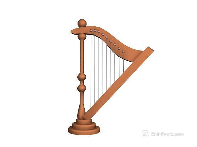 Wooden Harp Musical Instrument With Classical Design And 3D Model String Details 3d model 
