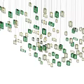 Multiple Green And Beige Rectangular Pendant Lights Hanging As Artistic Installation 3d model