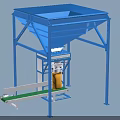 Industrial Equipment With Blue Frame Funnel Structure Yellow Packaging Unit And Green Conveyor Belt