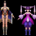 Game and Movie Characters in Elaborate Purple Pink Outfits with Traditional Headdress and Double Ponytails
