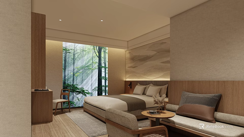 Hotel Guest Room Minimalist Design With Wooden Furniture And Forest View Window 3d model 