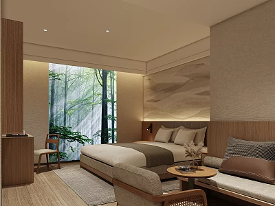 Hotel Guest Room Minimalist Design With Wooden Furniture And Forest View Window 3d model