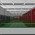 Fire Truck Garage With Red Walls Number Signs Green Floor Lockers Long Ceiling Lights