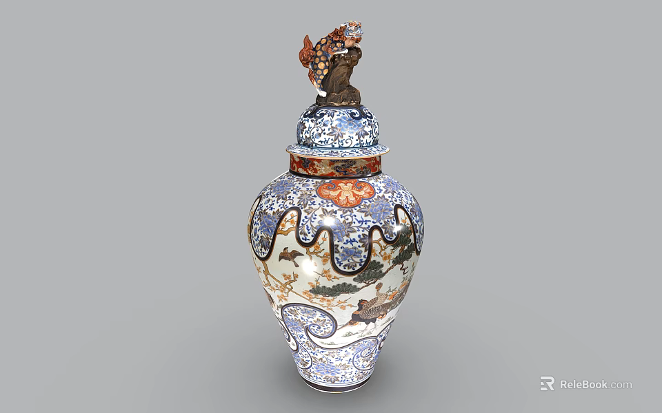 Colorful Traditional Ceramic Vase with Landscape Animal Patterns and Decorative Lid 3d model 