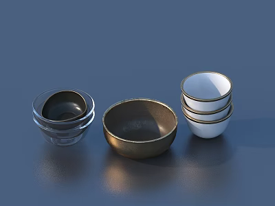Household Bowls With Transparent Glass Golden And White Stacked Designs For Daily Use 3d model