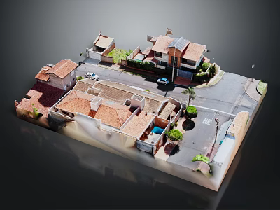 Architectural Model Of Residential Buildings With Red Roofs Driveway Parking Spaces And Greenery 3d model
