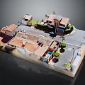 Architectural Model Of Residential Buildings With Red Roofs Driveway Parking Spaces And Greenery 3d model