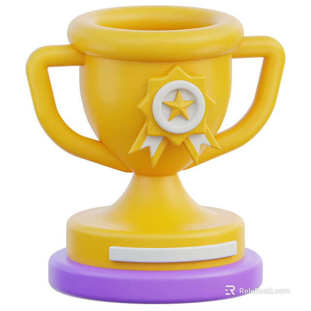 Yellow Trophy With Two Handles Star Medal Purple Base And White Label 3d model 