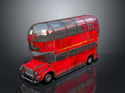 Red Vintage Double Decker Bus With Transparent Roof And Rusty Features 3d model