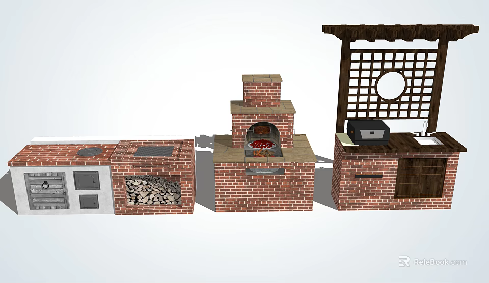 Outdoor Brick Kitchen Setup With Oven Stove Cabinets And Lattice Structure 3d model