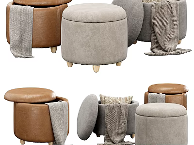 Brown and Gray Upholstered Storage Ottomans with Blankets and Lids 3d model