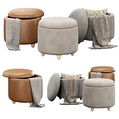 Brown and Gray Upholstered Storage Ottomans with Blankets and Lids 3d model