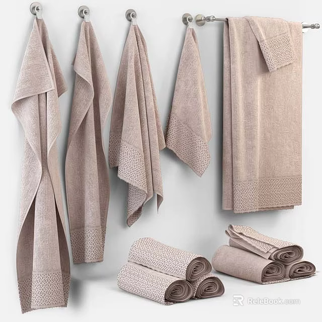 Light Brown Textured Towels Hanging On Wall With Rolled Towels And Soft Finish 3d model 