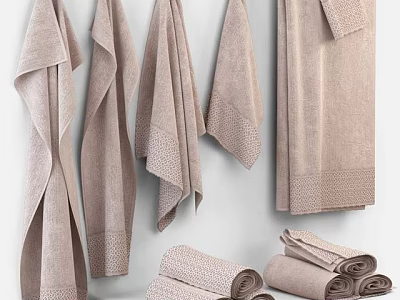 Light Brown Textured Towels Hanging On Wall With Rolled Towels And Soft Finish 3d model