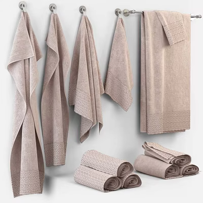 Light Brown Textured Towels Hanging On Wall With Rolled Towels And Soft Finish 3d model