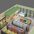 Birds Eye View of Modern Convenience Store Interior with Shelves of Fruits Beverages and Products