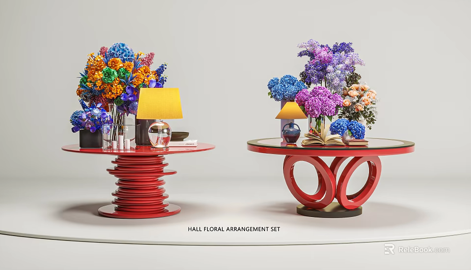 Colorful Hall Floral Arrangement Set With Mixed Flowers And Table Lamps On Red Design Tables 3d model 