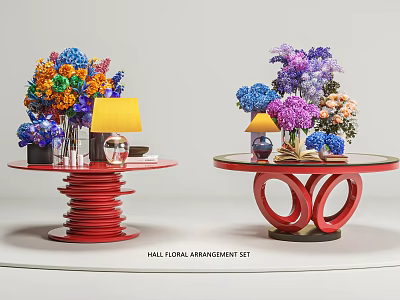 Colorful Hall Floral Arrangement Set With Mixed Flowers And Table Lamps On Red Design Tables 3d model