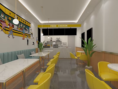 Modern Milk Tea Shop Interior With Yellow Chairs White Tables Blue Booths And Green Plants 3d model